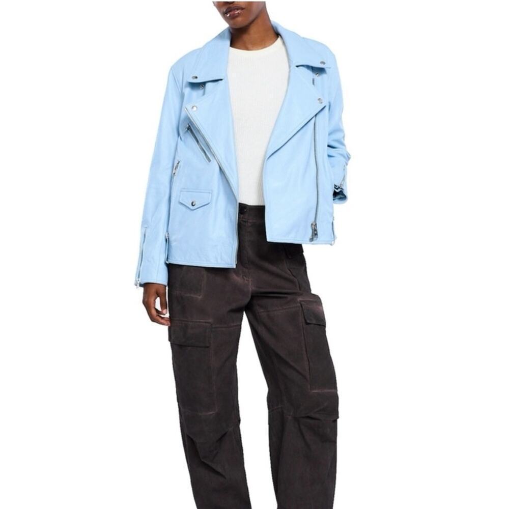 VIAVIA Genuine Leather Oversized Moto Jacket In Clear Sky Blue Size M
